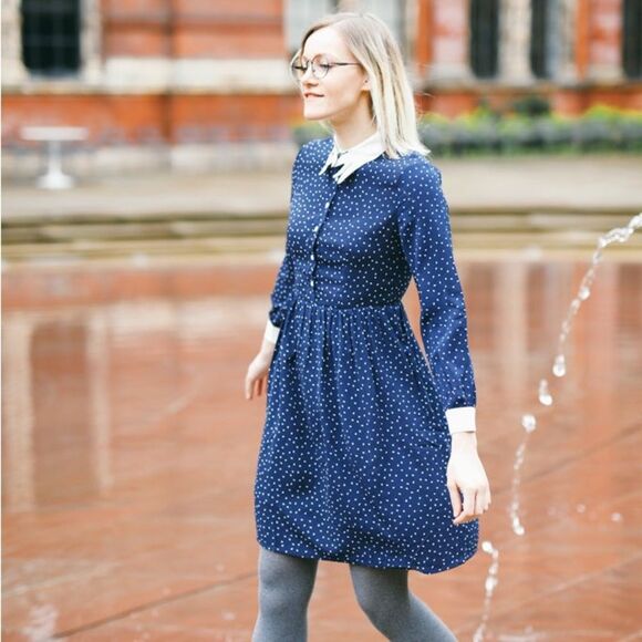 Miss Patina Bowie Cat Dress Navy Polka Dots - Picture 4 of 12